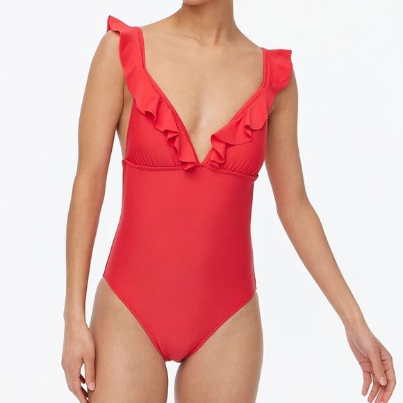 NWT: J. Crew Red One Piece V Neck Ruffle Shoulder Swimsuit, Size Small - Picture 1 of 10